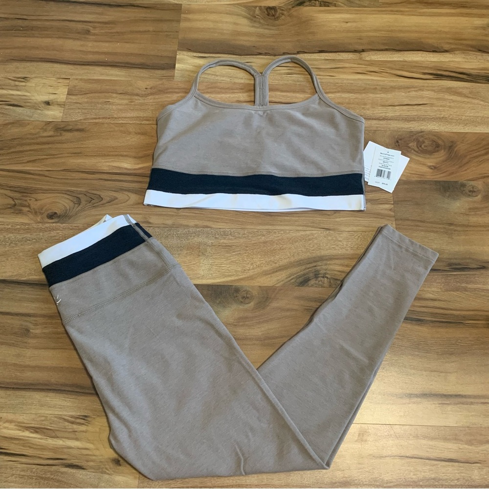 Beyond Yoga Taupe & Black Colorblock Leggings and Sports Bra Set